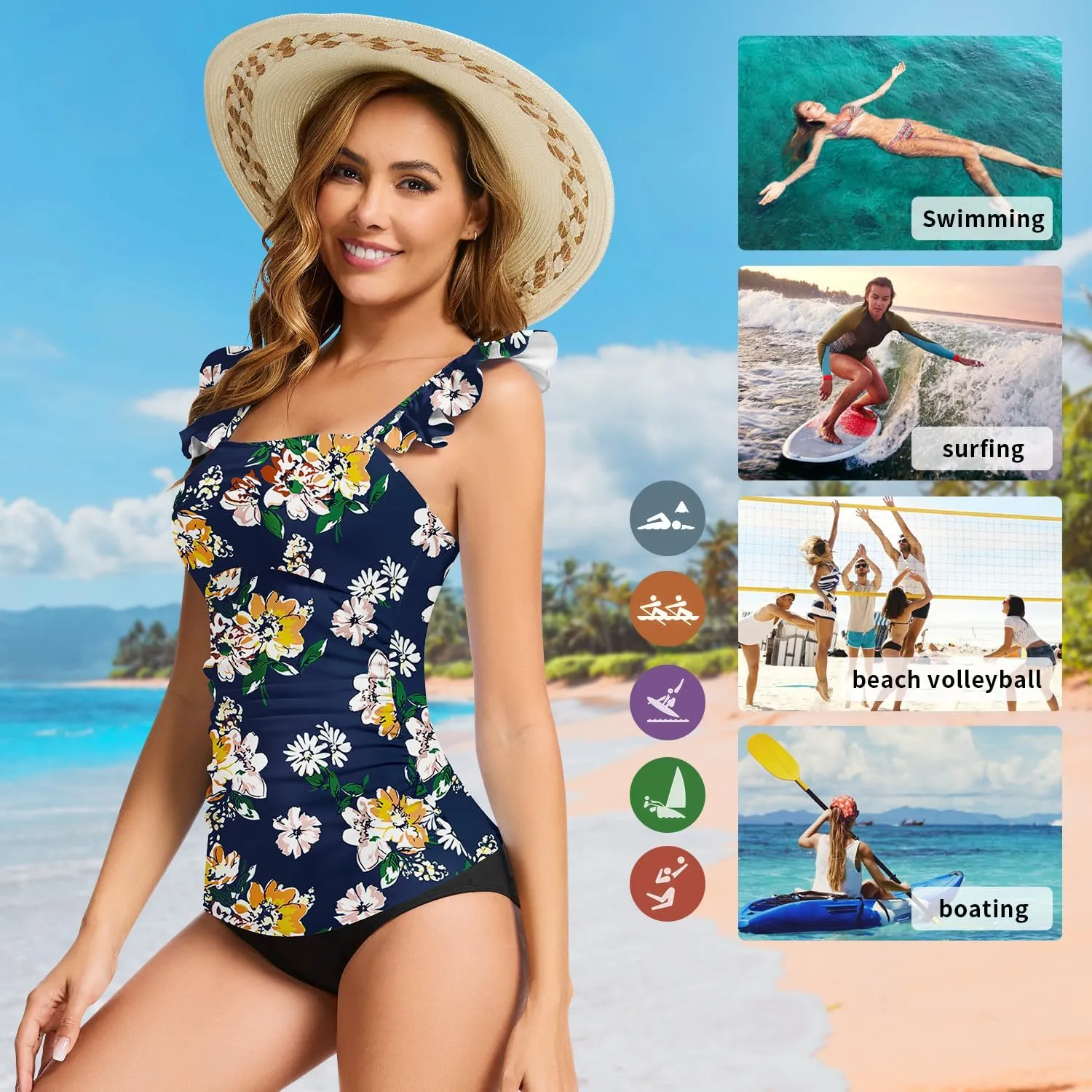 WOWENY Swim Tankini Top Only for Women Tummy Control Tankini Swimsuits UPF 50  Ruffle Bathing Suit Tops No Bottom