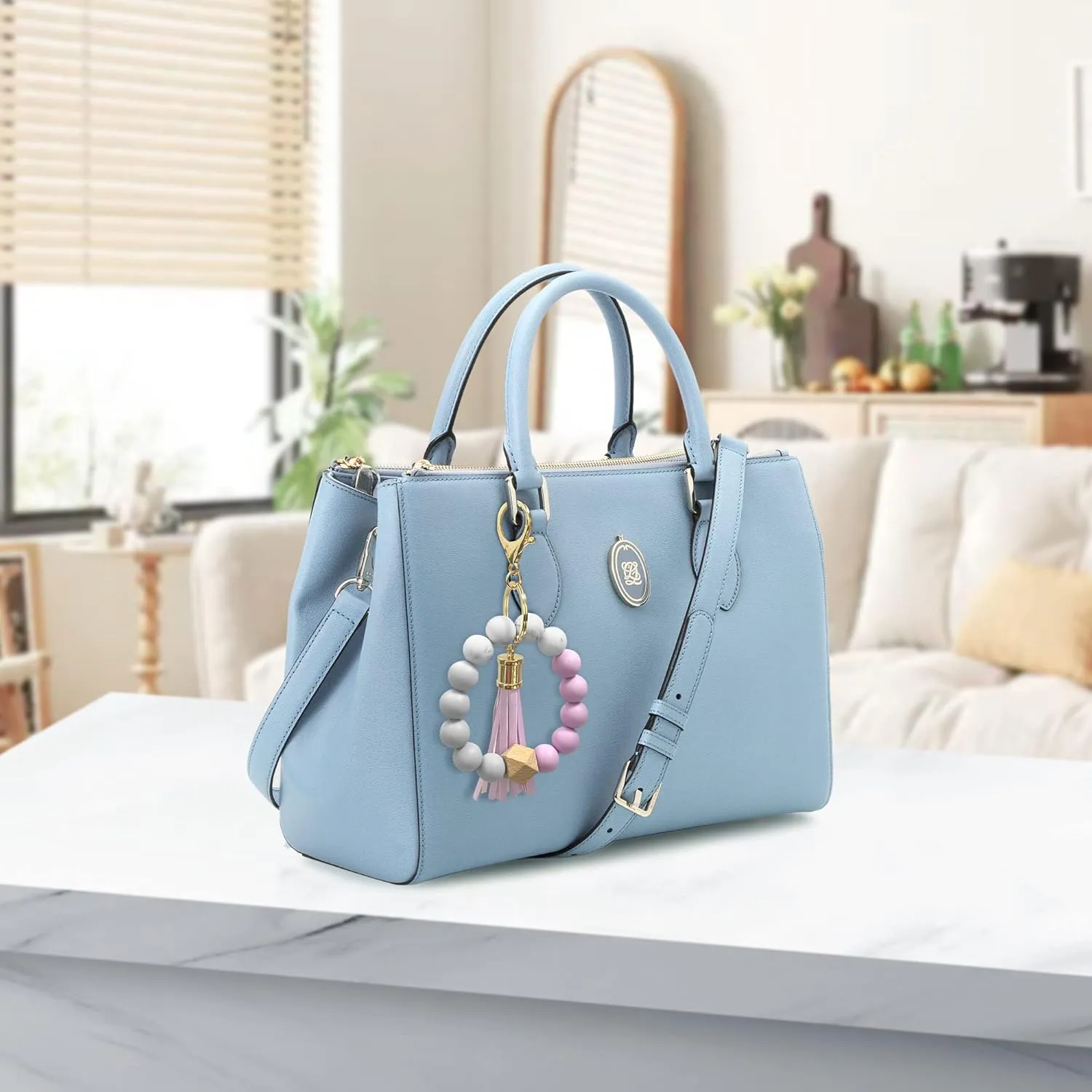 Wristlet Keychain, Silicone Beads Elastic Key Ring Bracelet and Cute Tassels for Women