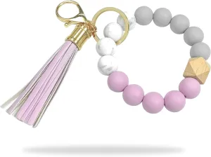 Wristlet Keychain, Silicone Beads Elastic Key Ring Bracelet and Cute Tassels for Women
