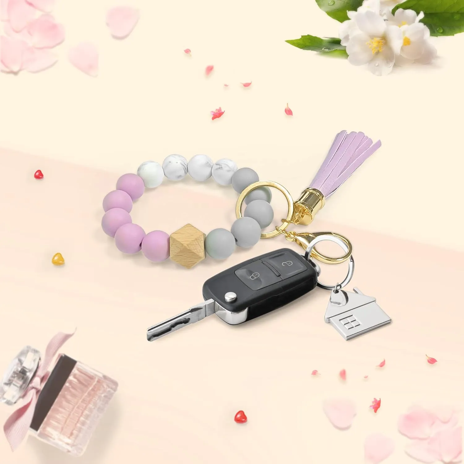 Wristlet Keychain, Silicone Beads Elastic Key Ring Bracelet and Cute Tassels for Women