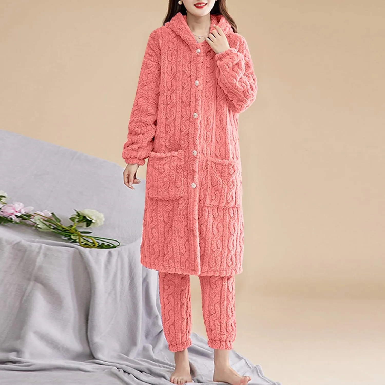 XUNRYAN Two Piece Outfits Women's Fuzzy Fleece Sherpa Jacket Hooded Pajama Set Mid Long Coat Plush Pants Loungewear sets