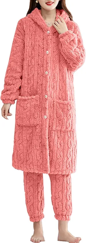 XUNRYAN Two Piece Outfits Women's Fuzzy Fleece Sherpa Jacket Hooded Pajama Set Mid Long Coat Plush Pants Loungewear sets