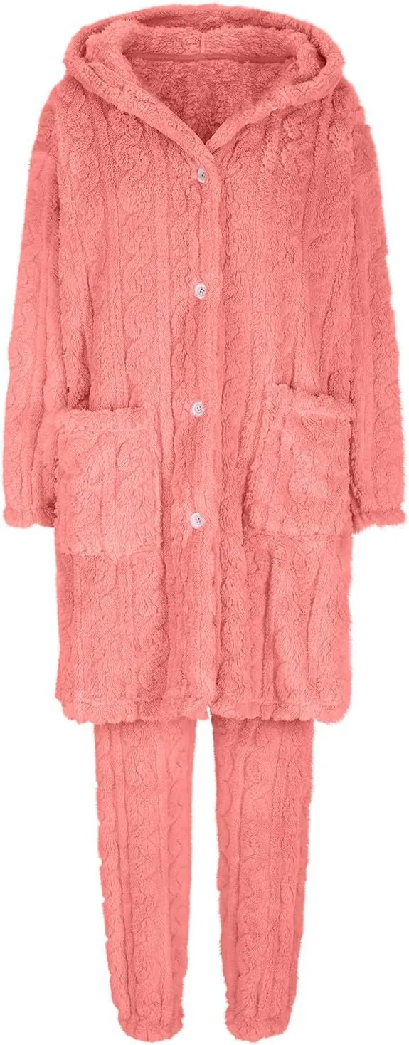 XUNRYAN Two Piece Outfits Women's Fuzzy Fleece Sherpa Jacket Hooded Pajama Set Mid Long Coat Plush Pants Loungewear sets