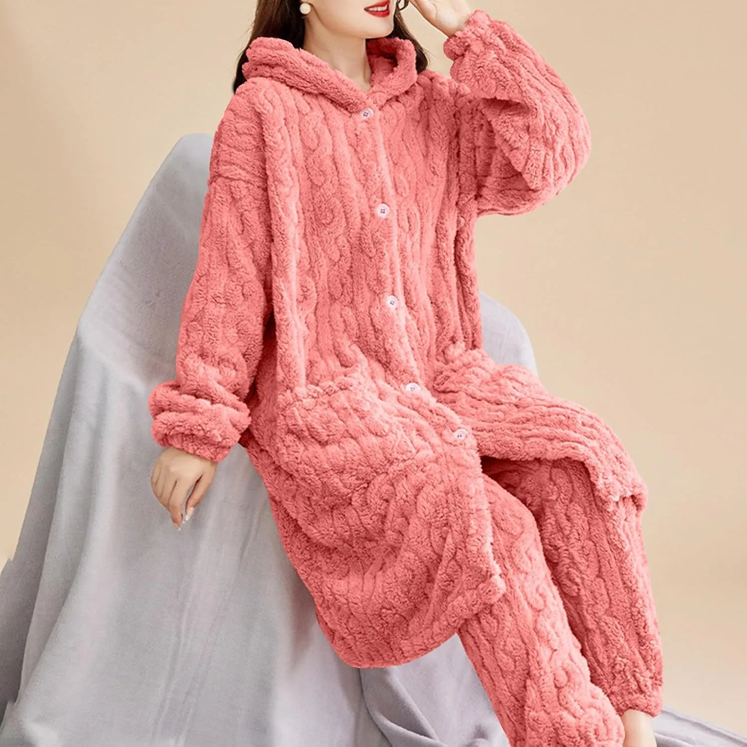 XUNRYAN Two Piece Outfits Women's Fuzzy Fleece Sherpa Jacket Hooded Pajama Set Mid Long Coat Plush Pants Loungewear sets