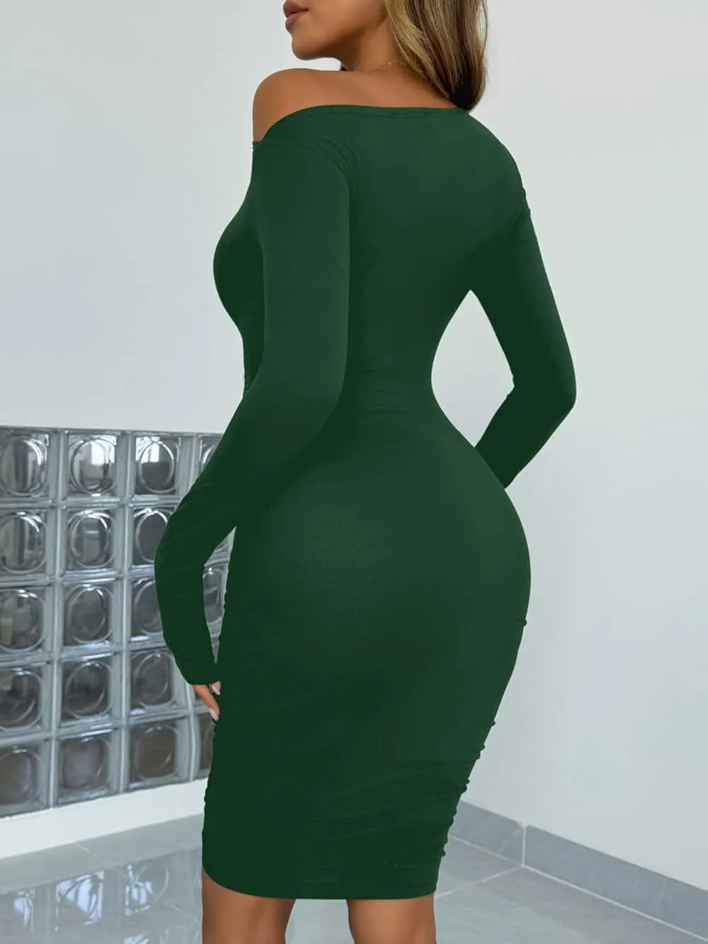 YOXUA Women's Elegant Sexy Off Shoulder Dress Long Sleeve Bodycon Ruched Formal Cocktail Party Mini Dresses