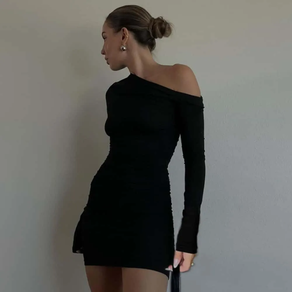 YOXUA Women's Elegant Sexy Off Shoulder Dress Long Sleeve Bodycon Ruched Formal Cocktail Party Mini Dresses