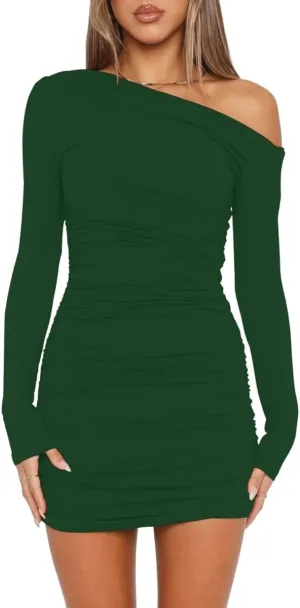 YOXUA Women's Elegant Sexy Off Shoulder Dress Long Sleeve Bodycon Ruched Formal Cocktail Party Mini Dresses