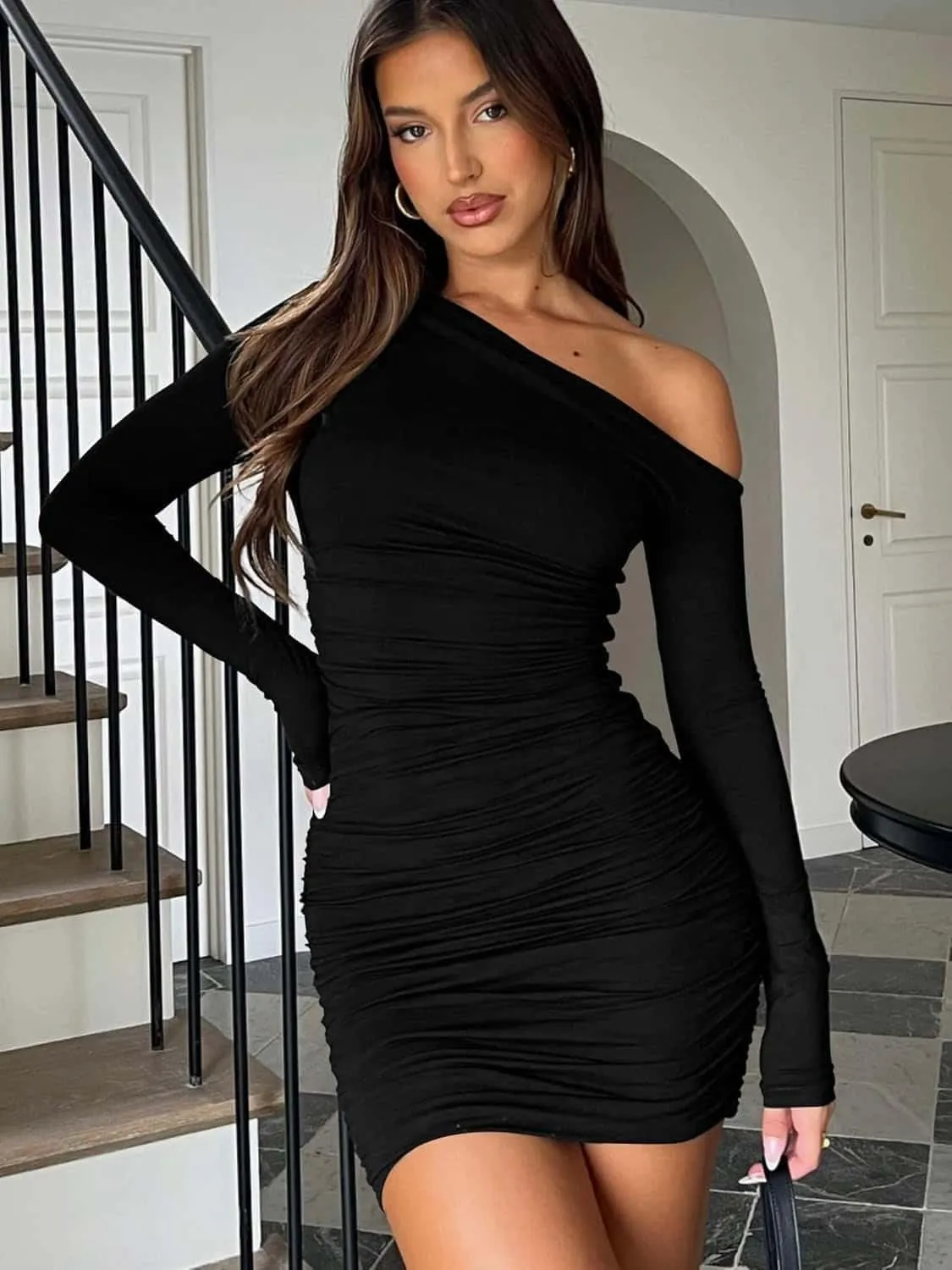 YOXUA Women's Elegant Sexy Off Shoulder Dress Long Sleeve Bodycon Ruched Formal Cocktail Party Mini Dresses