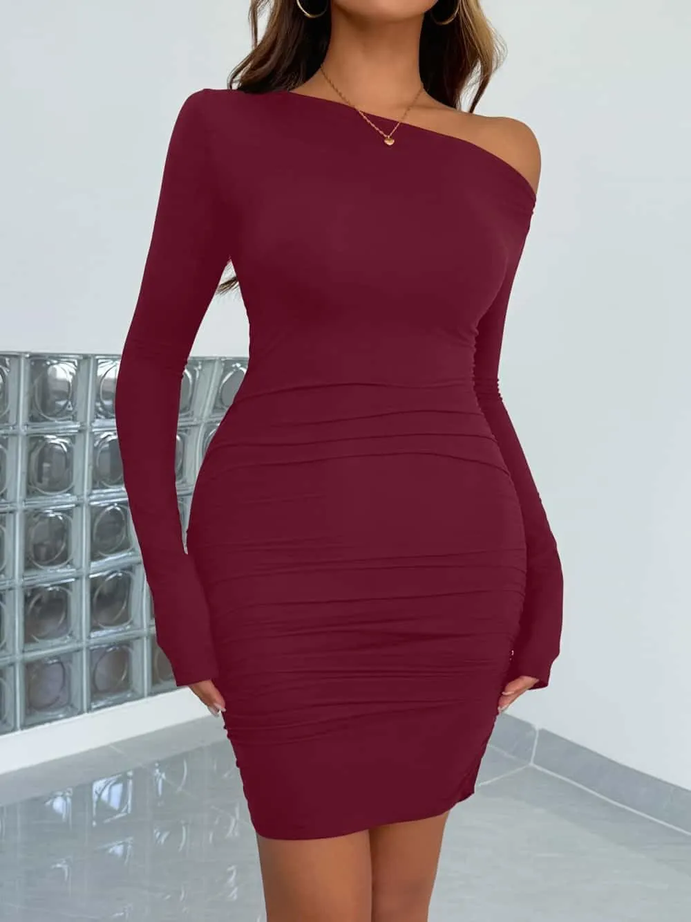 YOXUA Women's Elegant Sexy Off Shoulder Dress Long Sleeve Bodycon Ruched Formal Cocktail Party Mini Dresses