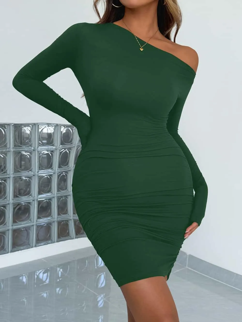 YOXUA Women's Elegant Sexy Off Shoulder Dress Long Sleeve Bodycon Ruched Formal Cocktail Party Mini Dresses