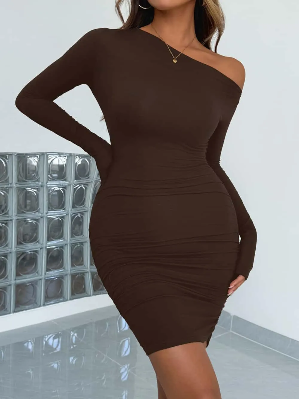 YOXUA Women's Elegant Sexy Off Shoulder Dress Long Sleeve Bodycon Ruched Formal Cocktail Party Mini Dresses