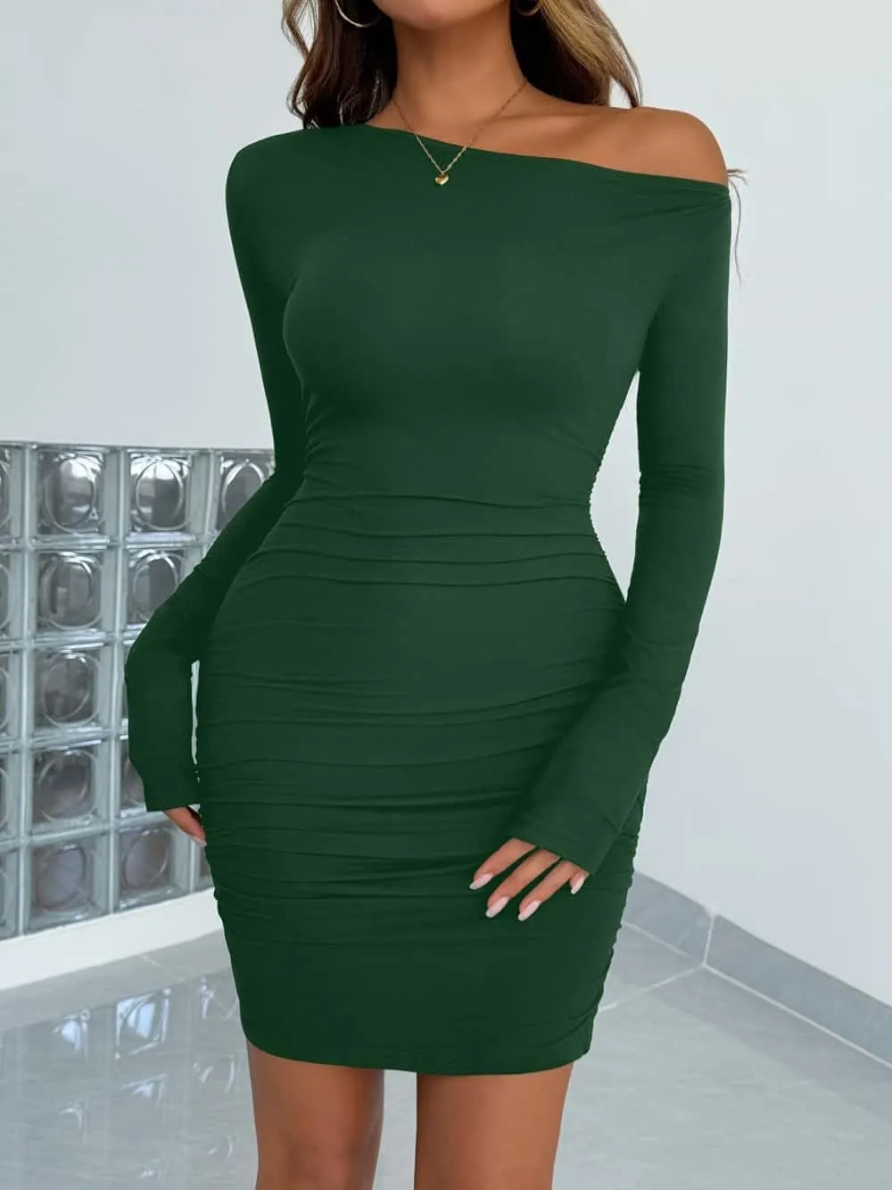 YOXUA Women's Elegant Sexy Off Shoulder Dress Long Sleeve Bodycon Ruched Formal Cocktail Party Mini Dresses