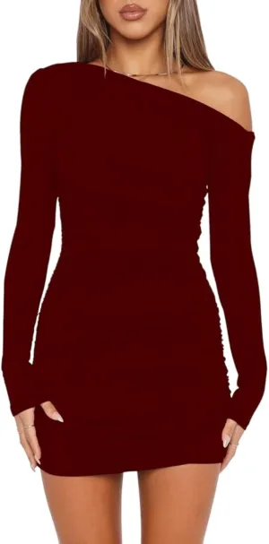 YOXUA Women's Elegant Sexy Off Shoulder Dress Long Sleeve Bodycon Ruched Formal Cocktail Party Mini Dresses