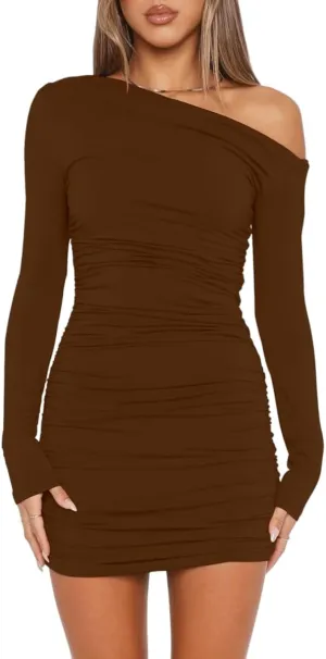 YOXUA Women's Elegant Sexy Off Shoulder Dress Long Sleeve Bodycon Ruched Formal Cocktail Party Mini Dresses
