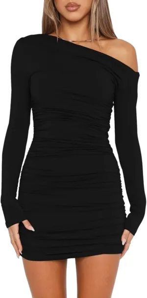 YOXUA Women's Elegant Sexy Off Shoulder Dress Long Sleeve Bodycon Ruched Formal Cocktail Party Mini Dresses